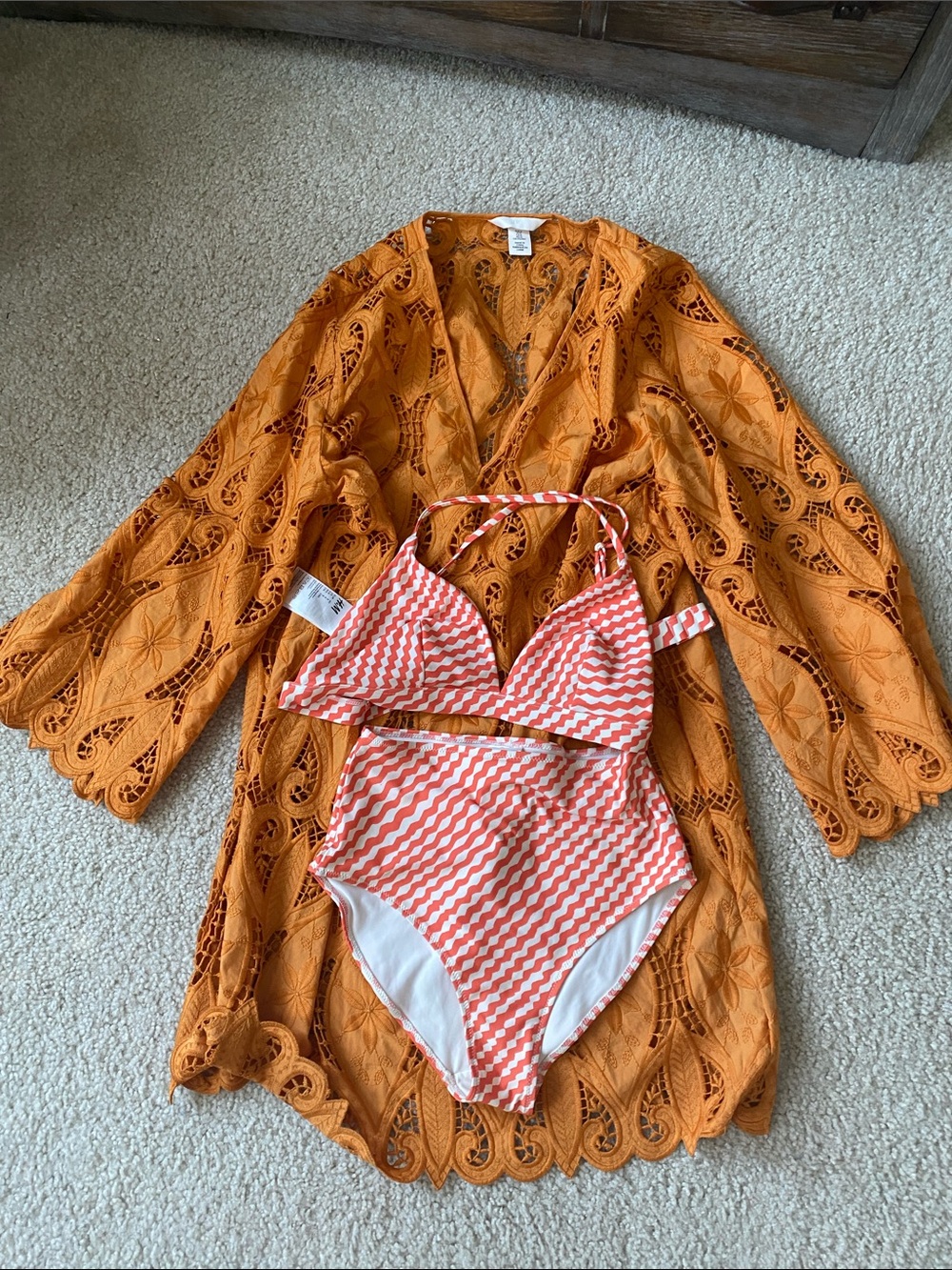 H&M Orange Crochet Cover-Up with Coral Chevron High-Waist Bikini